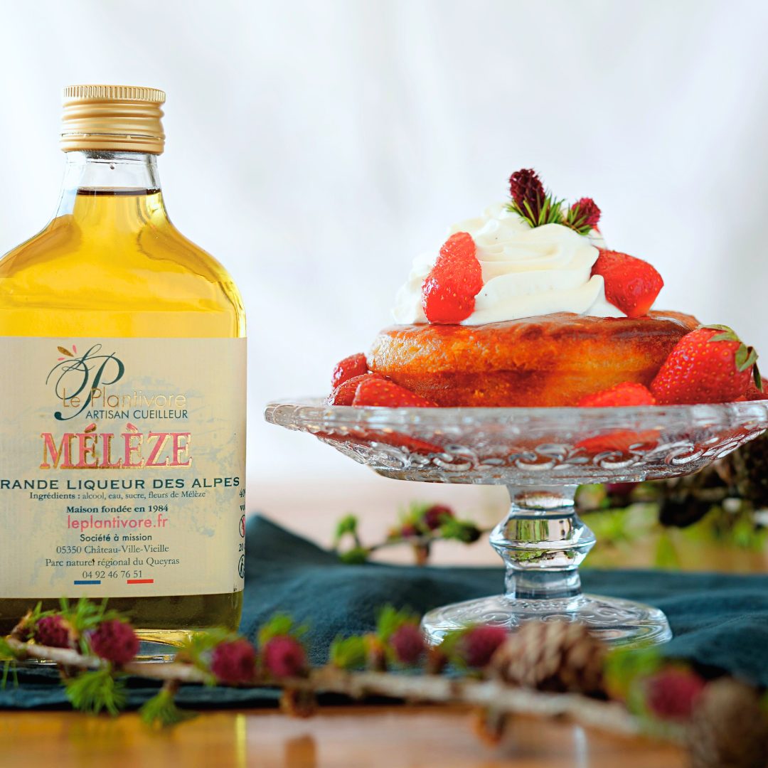 Baba à la liqueur de Mélèze – Chantilly à la faisselle & Fraises confites à la liqueur
